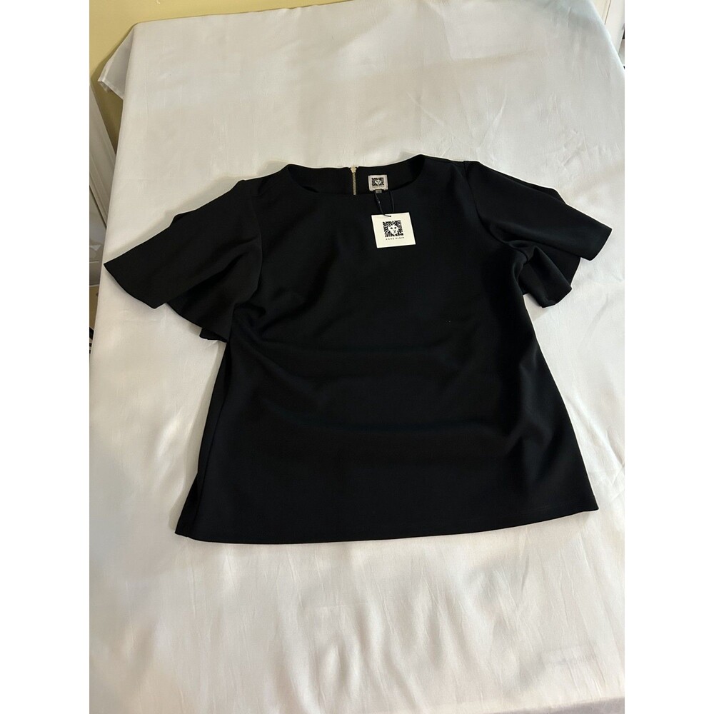ANNE KLEIN Women's Black V-Neck Blouse Short Sleeves Flutter Zipper in BackSizeM